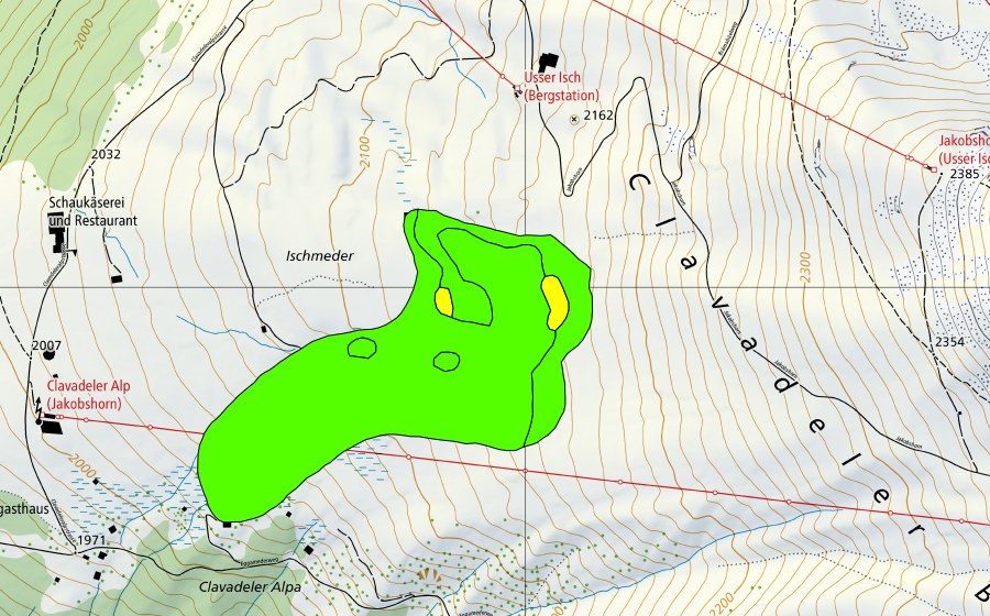 swisstopo national map showing the protected perimeter of Clavadeler Berg (Raised bog)