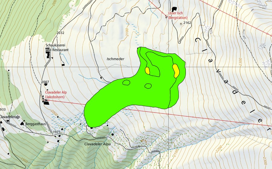 Carte nationale swisstopo avec le périmètre protégé de Clavadeler Berg (Haut-marais)
