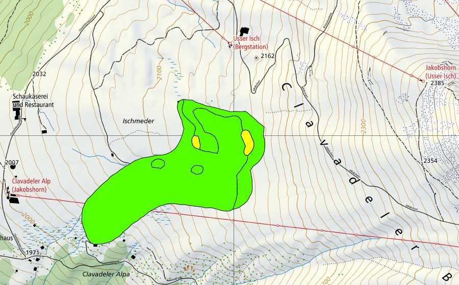 Landeskarte swisstopo mit dem Schutzperimeter von Clavadeler Berg (Hochmoor)