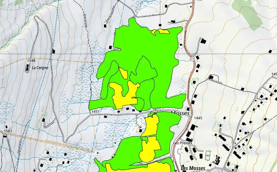 Carte nationale swisstopo avec le périmètre protégé de Col des Mosses (Haut-marais)