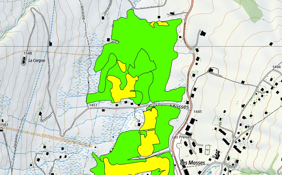 Carte nationale swisstopo avec le périmètre protégé de Col des Mosses (Haut-marais)