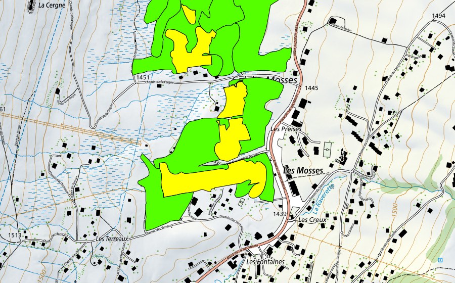 Carte nationale swisstopo avec le périmètre protégé de Col des Mosses (Haut-marais)