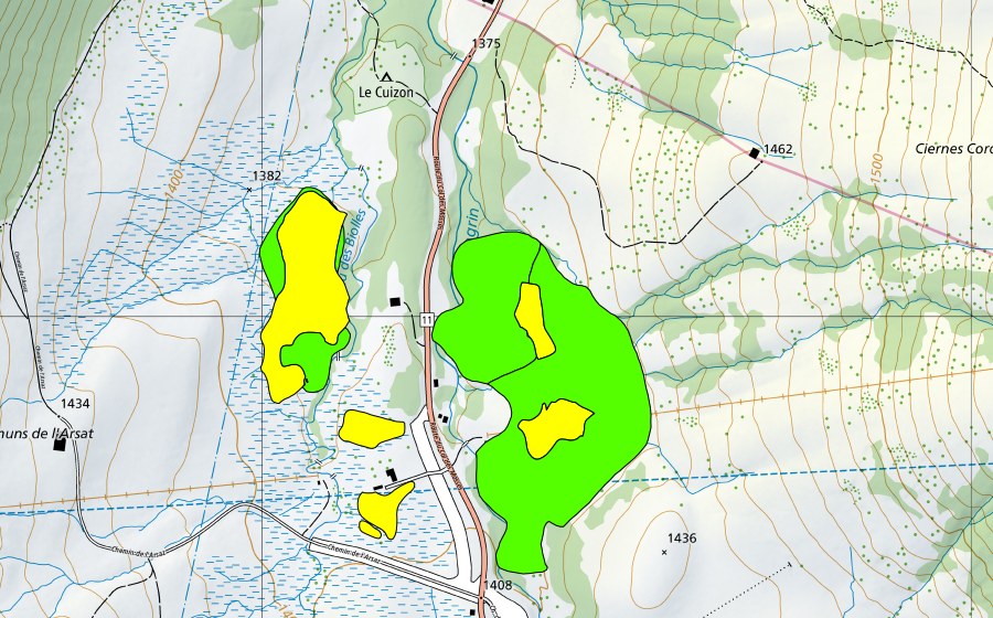 swisstopo national map showing the protected perimeter of Communs des Mosses, est (Raised bog)