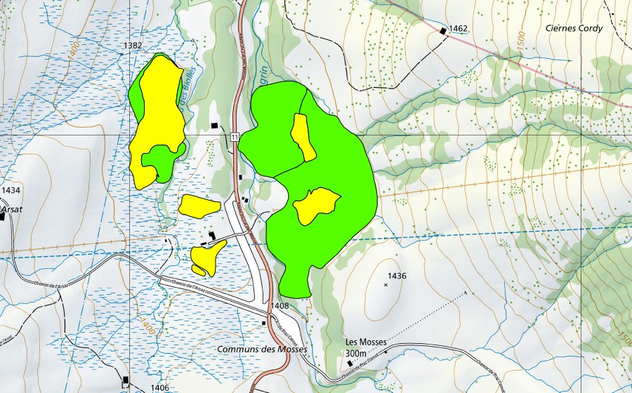 swisstopo national map showing the protected perimeter of Communs des Mosses, est (Raised bog)