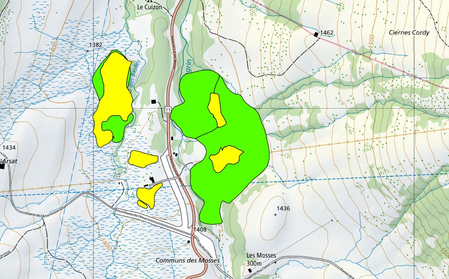 Carte nationale swisstopo avec le périmètre protégé de Communs des Mosses, est (Haut-marais)