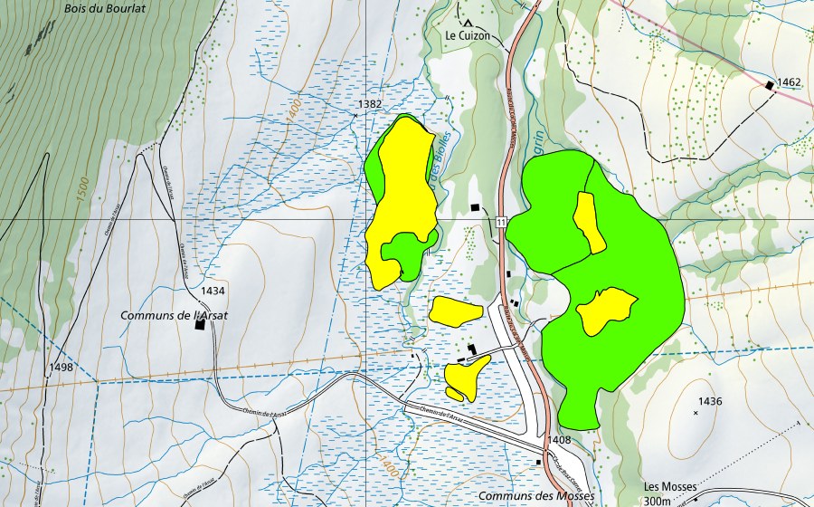 swisstopo national map showing the protected perimeter of Communs des Mosses, ouest (Raised bog)