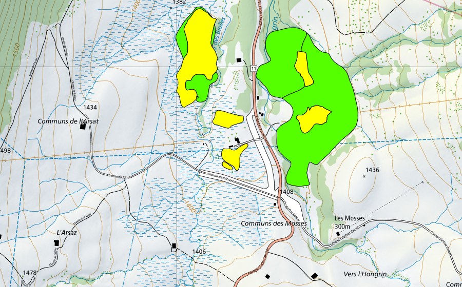Carte nationale swisstopo avec le périmètre protégé de Communs des Mosses, ouest (Haut-marais)