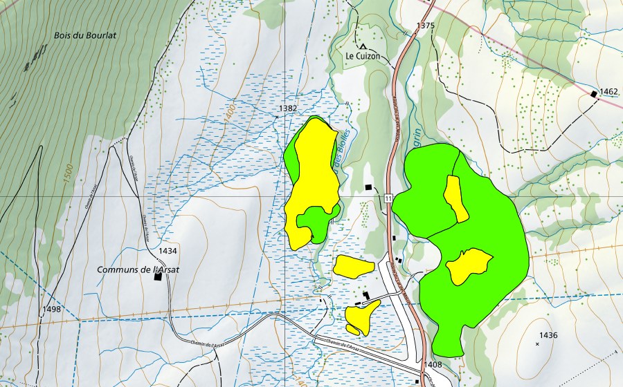 swisstopo national map showing the protected perimeter of Communs des Mosses, ouest (Raised bog)