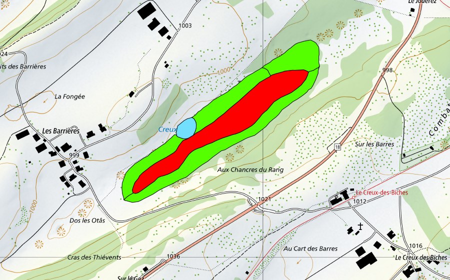 Landeskarte swisstopo mit dem Schutzperimeter von Creux de l'Epral (Hochmoor)