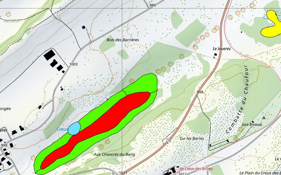 Landeskarte swisstopo mit dem Schutzperimeter von Creux de l'Epral (Hochmoor)