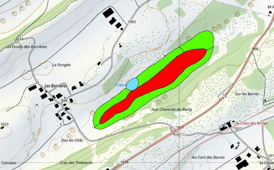 Carte nationale swisstopo avec le périmètre protégé de Creux de l'Epral (Haut-marais)