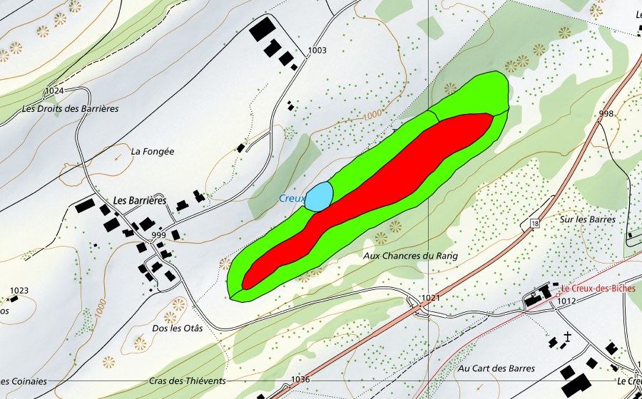 swisstopo national map showing the protected perimeter of Creux de l'Epral (Raised bog)
