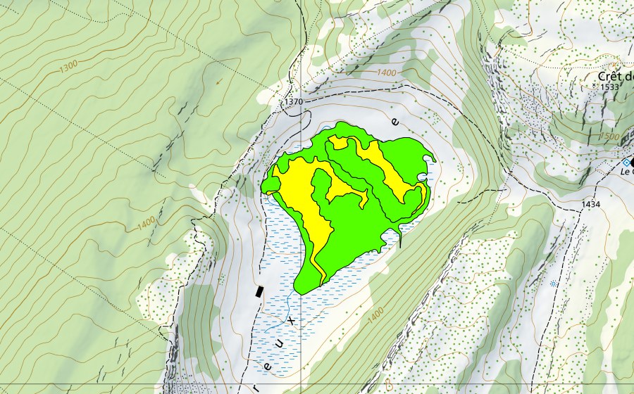 Carte nationale swisstopo avec le périmètre protégé de Creux du Croue (Haut-marais)