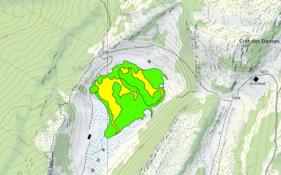 Carte nationale swisstopo avec le périmètre protégé de Creux du Croue (Haut-marais)