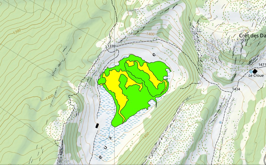 Carte nationale swisstopo avec le périmètre protégé de Creux du Croue (Haut-marais)