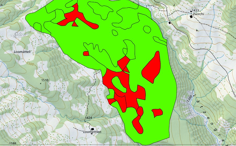 Carte nationale swisstopo avec le périmètre protégé de Dälenboden (Haut-marais)