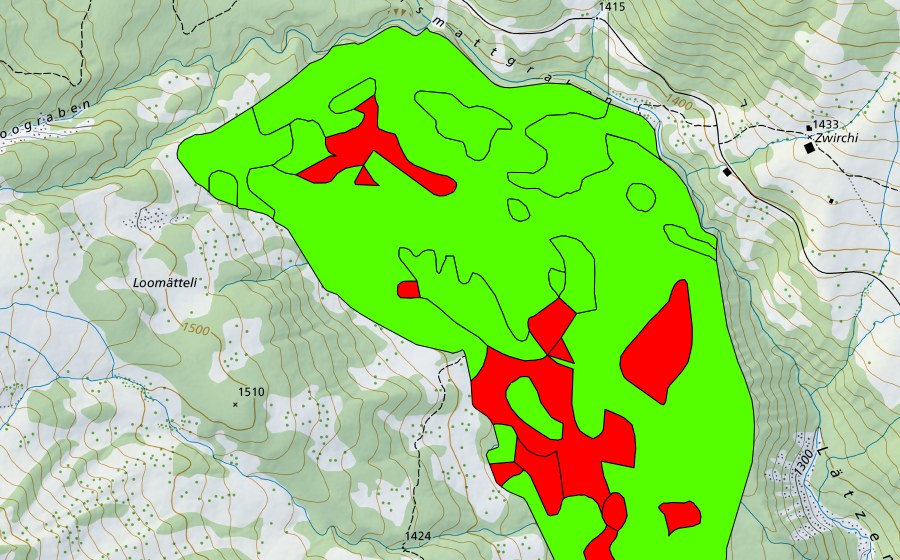 swisstopo national map showing the protected perimeter of Dälenboden (Raised bog)