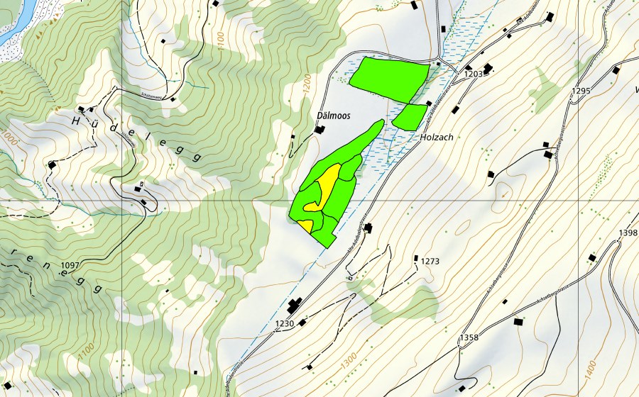 Carte nationale swisstopo avec le périmètre protégé de Dälmoos Achseten (Haut-marais)