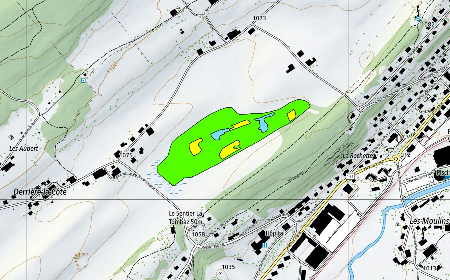 swisstopo national map showing the protected perimeter of Derrière la Côte, sud-est (Raised bog)