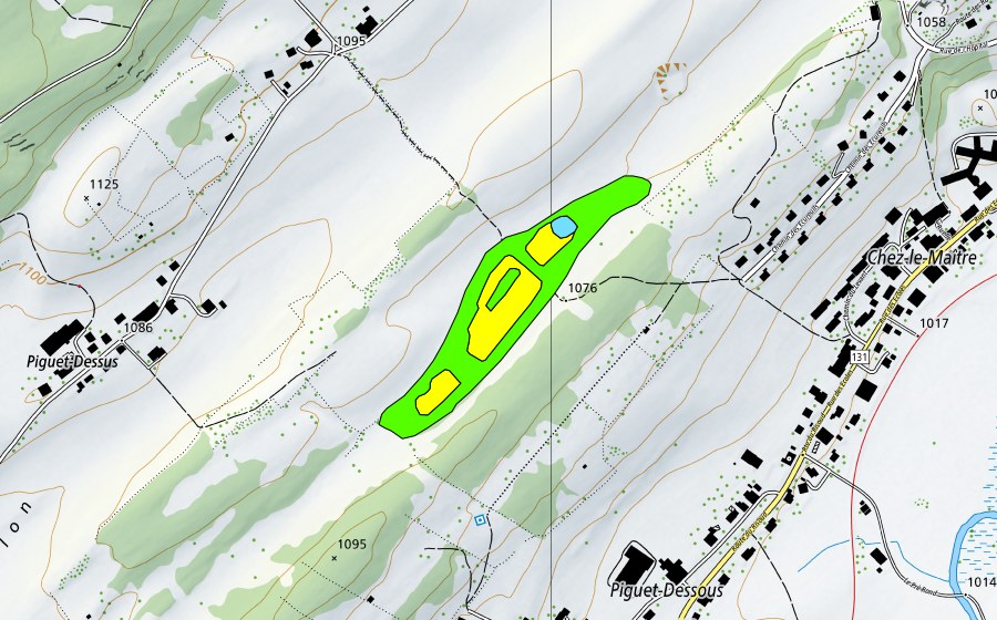 swisstopo national map showing the protected perimeter of Derrière la Côte, sud-ouest (Raised bog)
