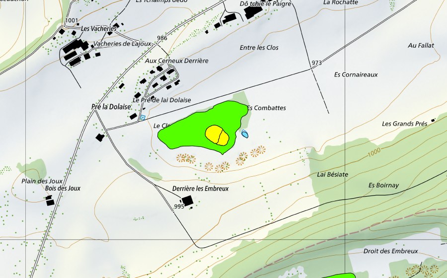 swisstopo national map showing the protected perimeter of Derrière les Embreux (Raised bog)