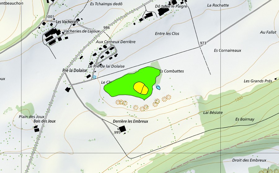 Carte nationale swisstopo avec le périmètre protégé de Derrière les Embreux (Haut-marais)