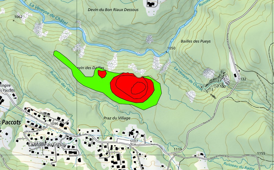 swisstopo national map showing the protected perimeter of Dévin des Dailles (Raised bog)