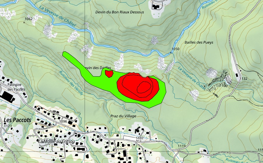 Landeskarte swisstopo mit dem Schutzperimeter von Dévin des Dailles (Hochmoor)