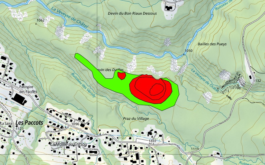 Landeskarte swisstopo mit dem Schutzperimeter von Dévin des Dailles (Hochmoor)