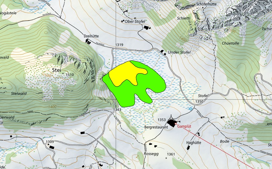 Carte nationale swisstopo avec le périmètre protégé de Dreihütten/Gamplüt (Haut-marais)