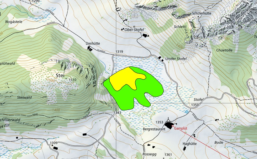 Carte nationale swisstopo avec le périmètre protégé de Dreihütten/Gamplüt (Haut-marais)