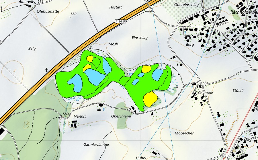 swisstopo national map showing the protected perimeter of Düdingermoos (Raised bog)