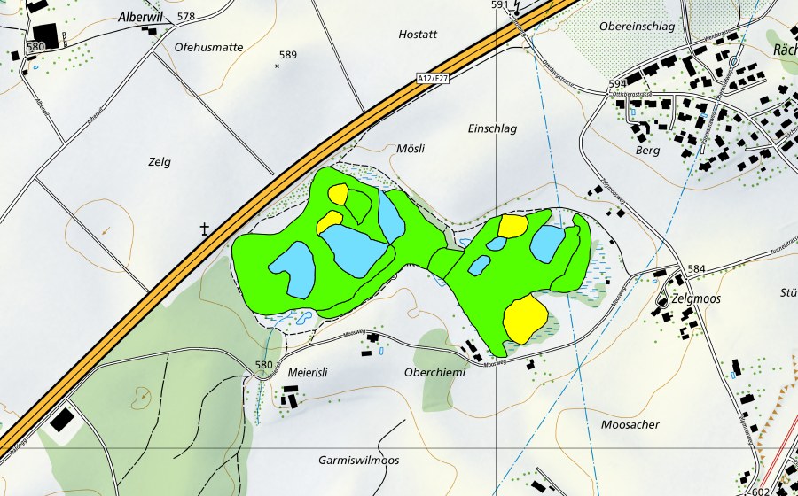 swisstopo national map showing the protected perimeter of Düdingermoos (Raised bog)