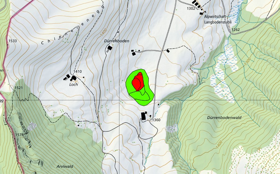 Carte nationale swisstopo avec le périmètre protégé de Dürrenboden (Haut-marais)