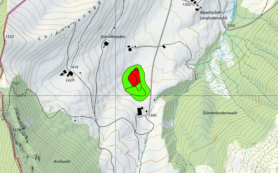 swisstopo national map showing the protected perimeter of Dürrenboden (Raised bog)