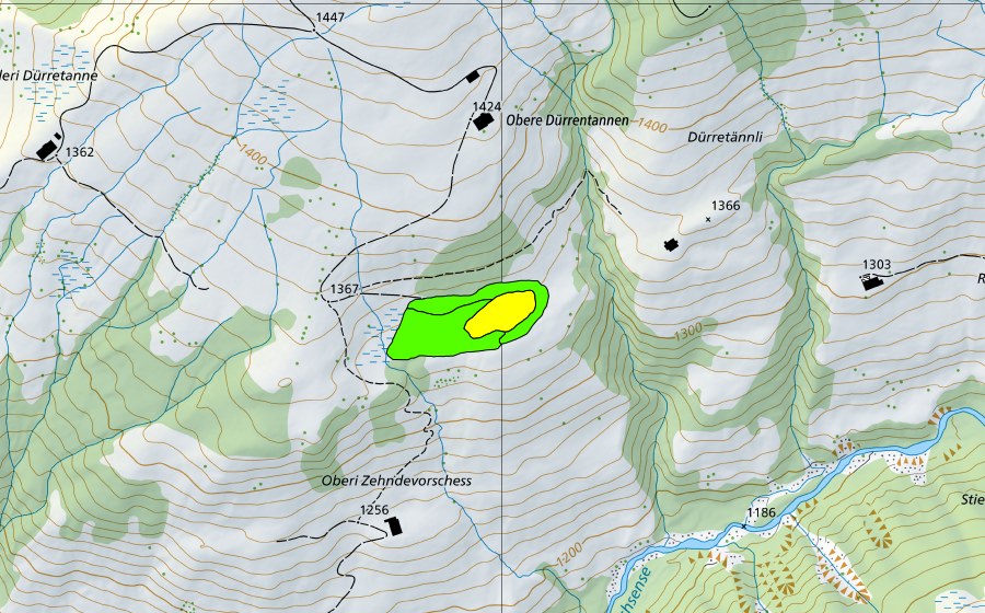 Carte nationale swisstopo avec le périmètre protégé de Dürrentännli (Haut-marais)
