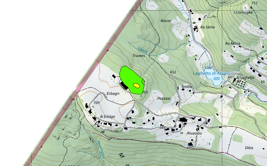 Carte nationale swisstopo avec le périmètre protégé de Erbagni (Haut-marais)