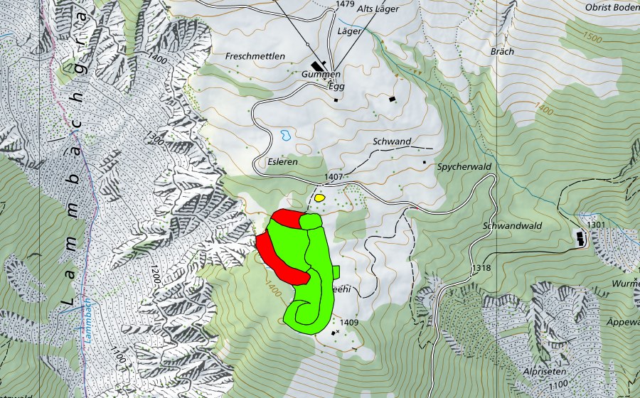 swisstopo national map showing the protected perimeter of Esleren/Gummenalp (Raised bog)