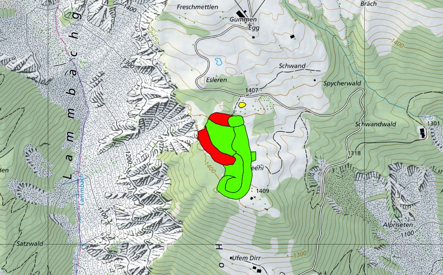 Landeskarte swisstopo mit dem Schutzperimeter von Esleren/Gummenalp (Hochmoor)