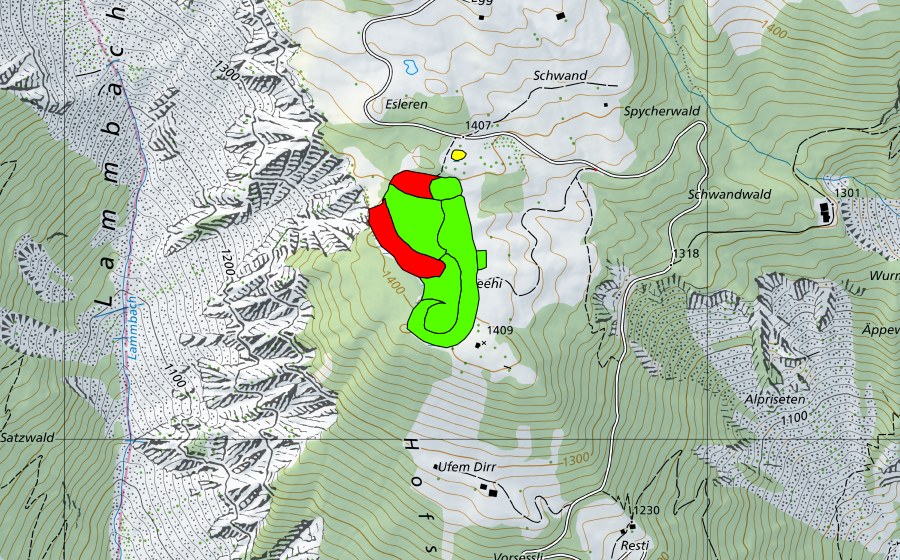 swisstopo national map showing the protected perimeter of Esleren/Gummenalp (Raised bog)