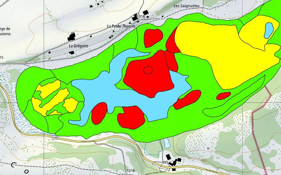 Landeskarte swisstopo mit dem Schutzperimeter von Etang de la Gruère (Hochmoor)