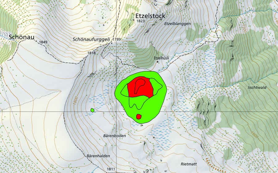 Landeskarte swisstopo mit dem Schutzperimeter von Etzelhüsli (Hochmoor)
