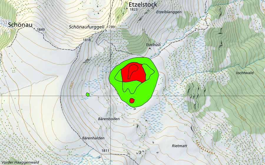 Carte nationale swisstopo avec le périmètre protégé de Etzelhüsli (Haut-marais)