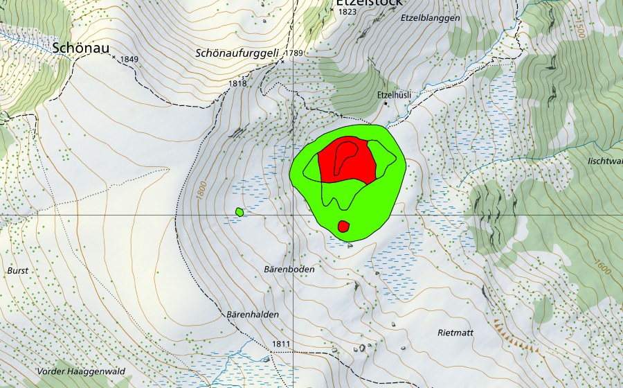 Landeskarte swisstopo mit dem Schutzperimeter von Etzelhüsli (Hochmoor)