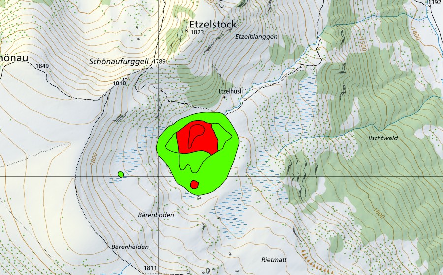 Carte nationale swisstopo avec le périmètre protégé de Etzelhüsli (Haut-marais)