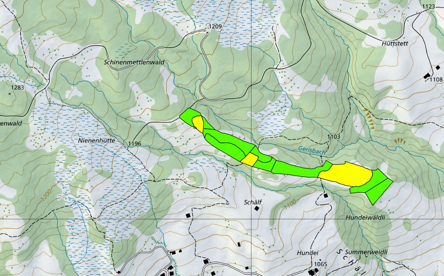 Carte nationale swisstopo avec le périmètre protégé de Fangboden (Haut-marais)