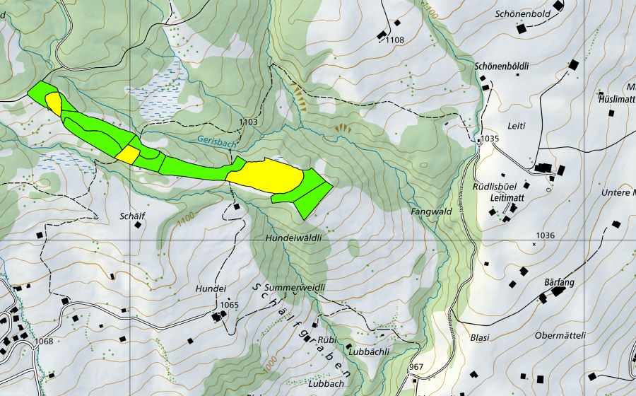 Carte nationale swisstopo avec le périmètre protégé de Fangboden (Haut-marais)