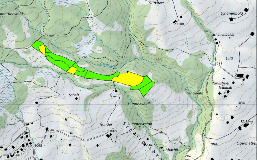 swisstopo national map showing the protected perimeter of Fangboden (Raised bog)