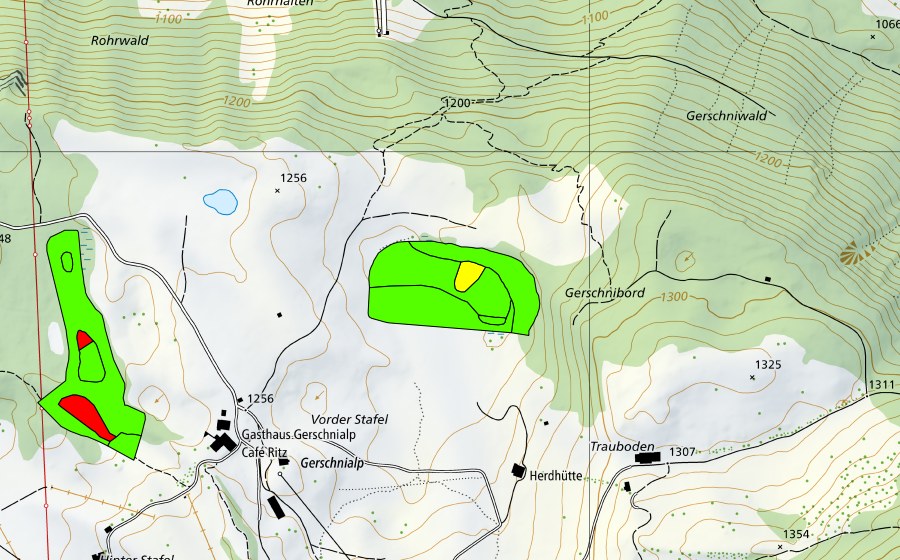 Landeskarte swisstopo mit dem Schutzperimeter von Feldmoos (Gerschni) (Hochmoor)