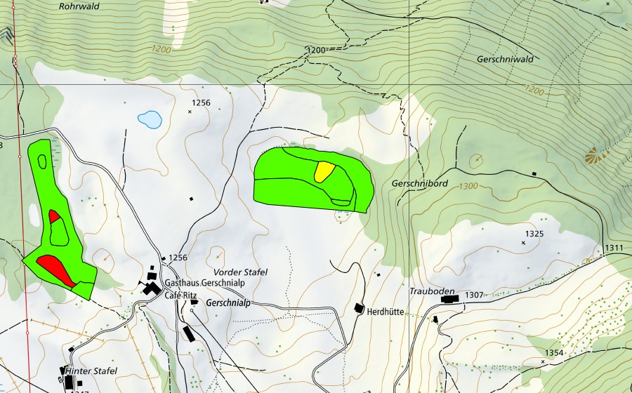 Landeskarte swisstopo mit dem Schutzperimeter von Feldmoos (Gerschni) (Hochmoor)